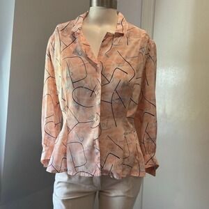 Vintage Nicola | Peach w/ Black Art Deco design Blouse w/Shoulder Pads | Size 6